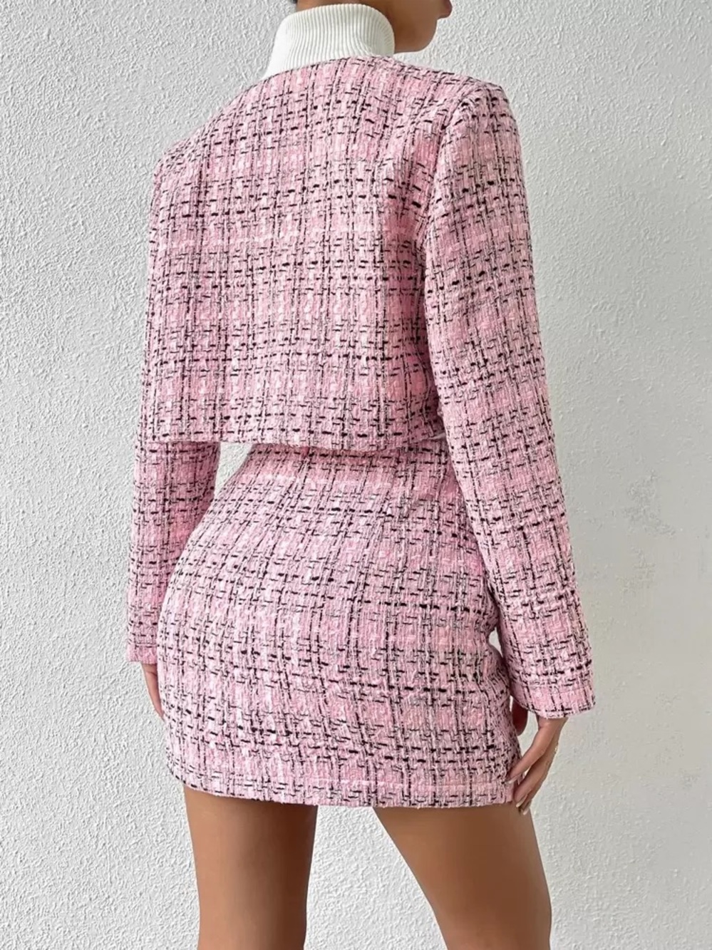 SHEIN Pink Plaid Autumn Elegant Tea Party Two-Piece Cropped Mini Set Large NWT - Picture 2 of 2